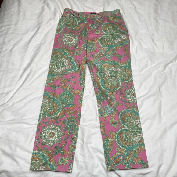 Lauren Ralph Lauren women's straight-leg pants pink/ green paisley print Sz 8 - Picture 2 of 9